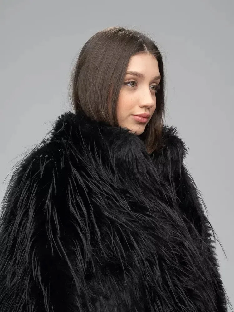Femmes noir blanc couleur unie élégant décontracté à la mode en vrac à manches longues épaissir fausse fourrure manteaux femme hiver nouvelle mode vêtements