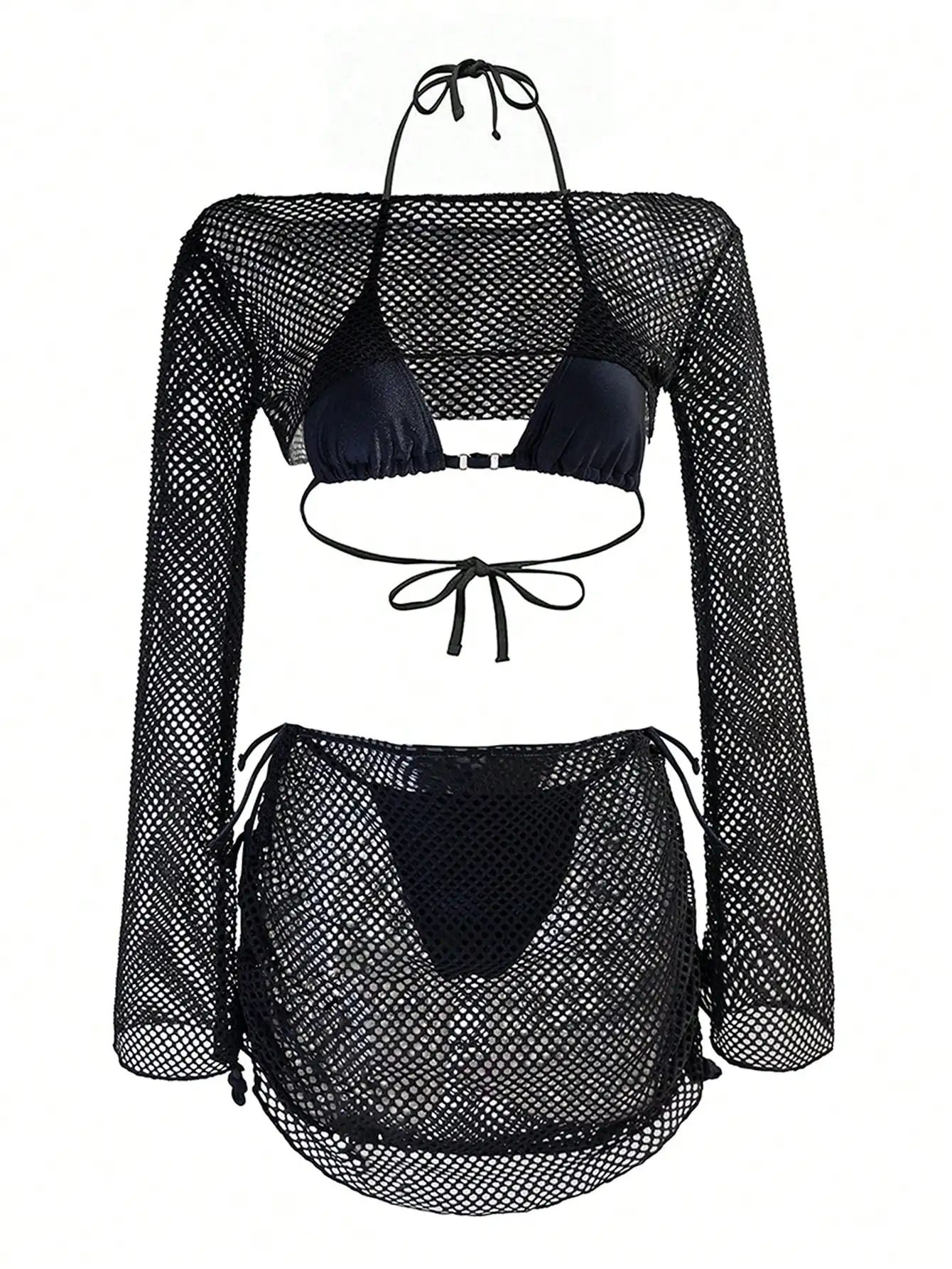 

Black Mesh Cover Up Bikini Set With Long Sleeve Top And Skirt