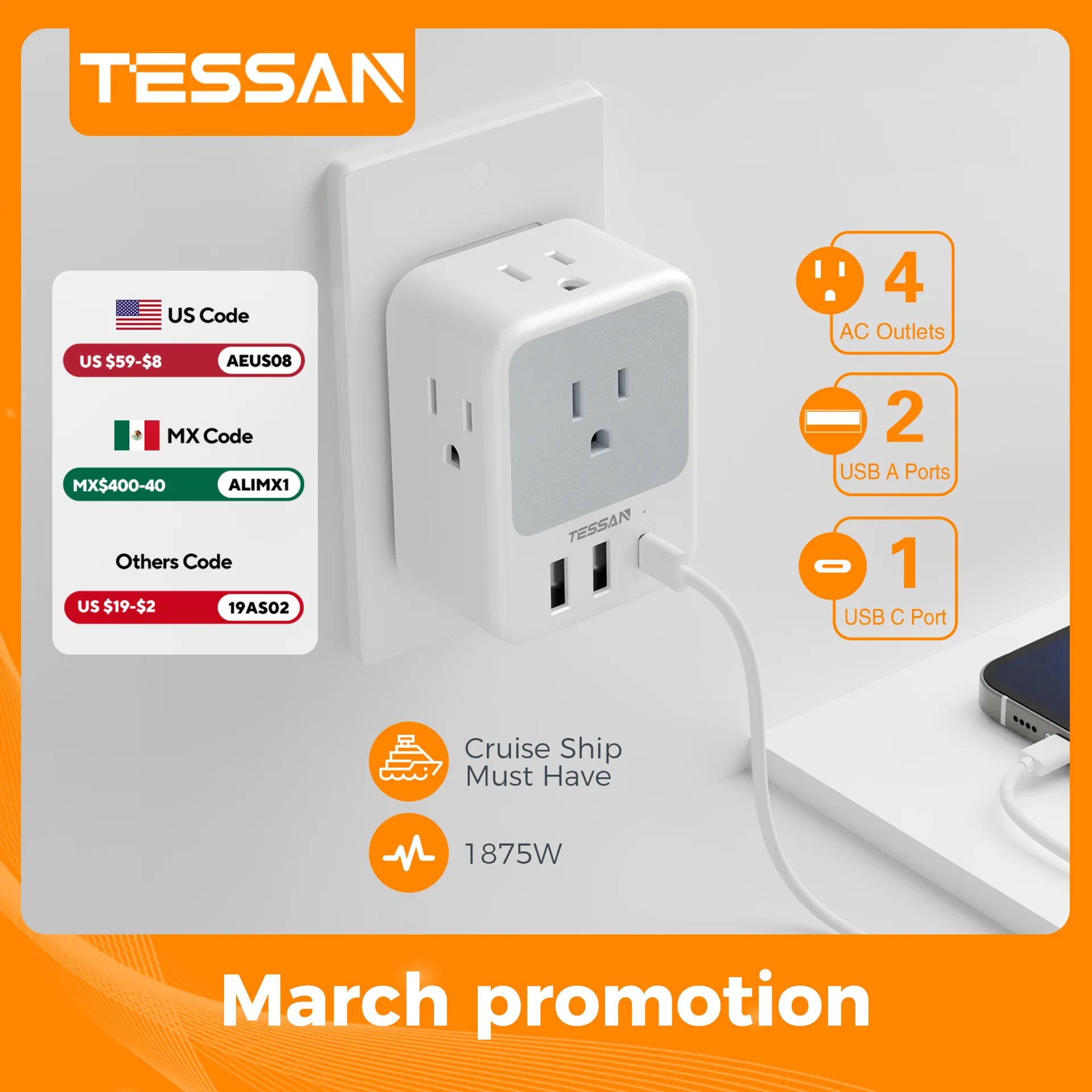 TESSAN US Plug Power Strip with 4AC Outlet and 3USB Charging port Multi-Contacts Electrical Socket with Surge Protector for Home