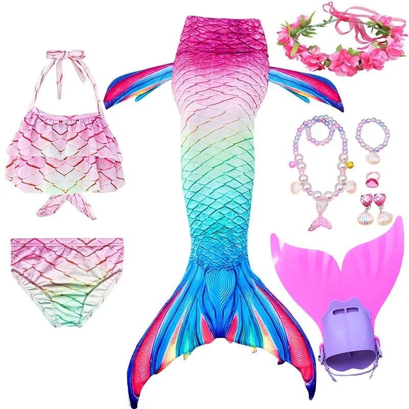 Kids Mermaid Tail for Girls Swimmable Swimming Suit Halloween Costume Swimsuit with Monofin Bikini Dress Necklace Set