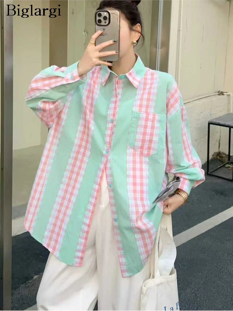 

Spring Plaid Striped Print Blouse Shirt Women New Fashion Loose Ladies Blouses Korean Style Casual Long Sleeve Woman Shirts 2026