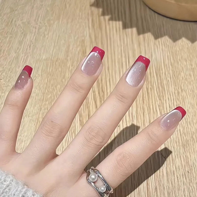 24 قطعة الأظافر الفرنسية البسيطة الوردي والأبيض التدرج تصميم قصير مربع اضغط على الأظافر غطاء كامل مسمار نصائح أدوات مانيكير #4