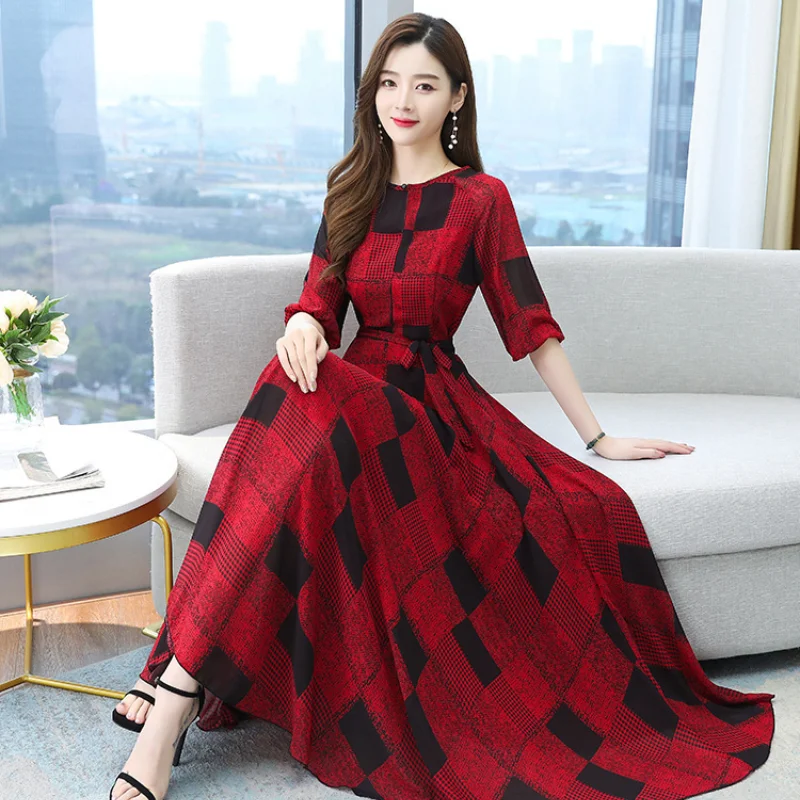 2023 Summer New Fashionable Skin Friendly Office Lady Comfortable Basic Casual Leisure French Slim Fit Slim Female Plaid Dress