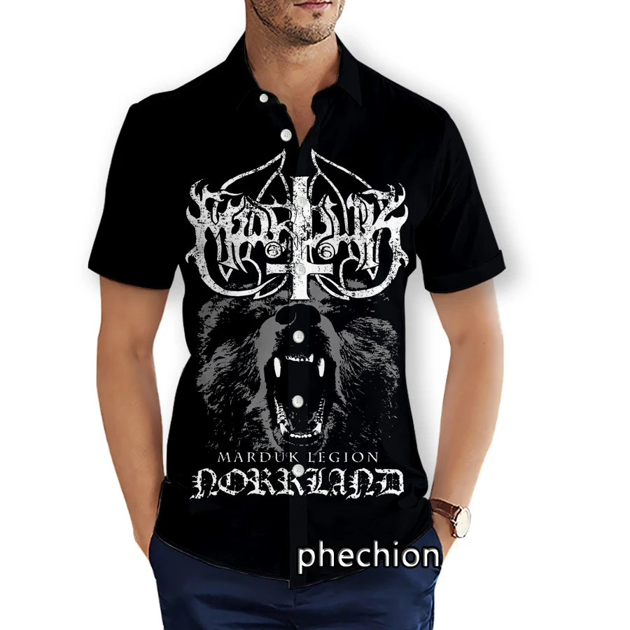 phechion Mens Short Sleeve Beach Shirts Marduk Band 3D Print Casual Shirts Fashion Streetwear Men Tops X189