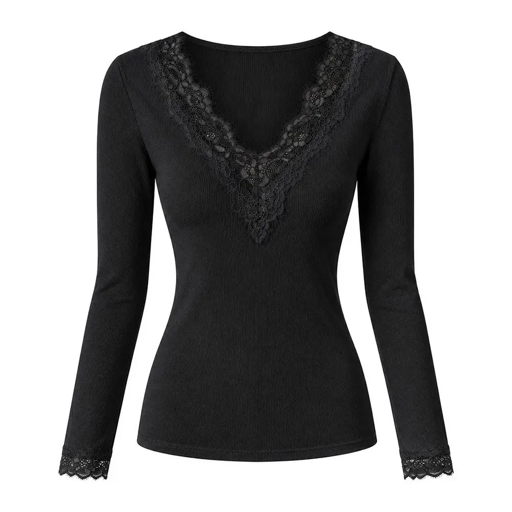 Solid Color V-Neck T-Shirt Scalloped Cuffs Stretch Slimming Long Sleeve Tee Lace Splicing Spring Autumn Ribbed Knit Top