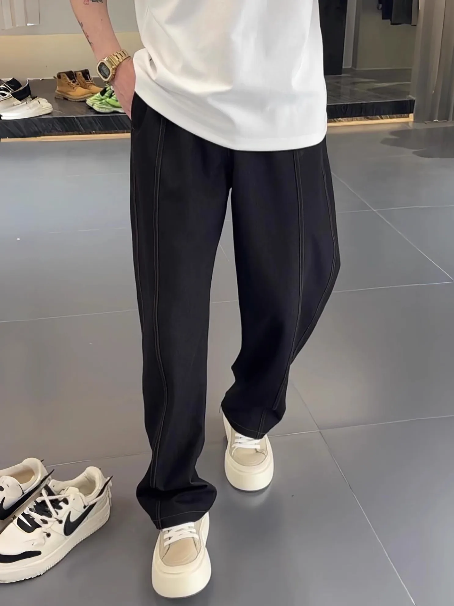 

Цветные тканые мужские джинсы прямого кроя, свободные повседневные брюки, модный осенний новый дизайн, классические свободные джинсы с декоративной строчкой