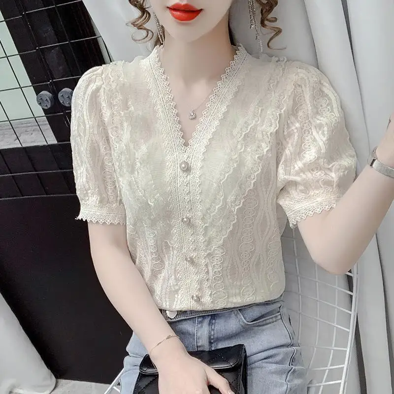 Summer Elegant Female V-Neck Short Sleeve Lace Blouse Commute Solid Color Fashion Button Spliced Slim Shirt Women\'s Clothing