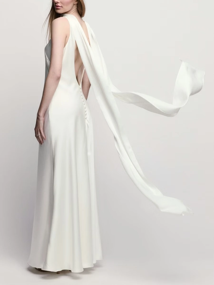 Minimalist High Cowl Neck Satin Wedding Dress Sleeveless Deep Open Back Flowing Cape Ribbon Maxi Gown Civil Bridal Evening Dress