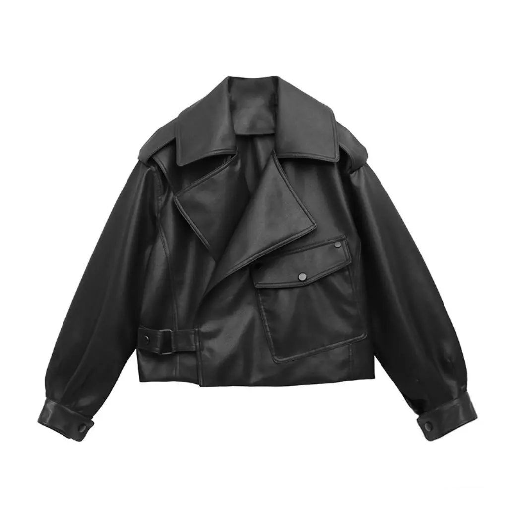 

Jiang Shuying Women's Short Leather Coat Spring Fashion Imitation Sheepskin Loose Motorcycle Jacket Style