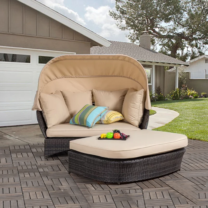 Rattan woven imitation rattan with canopy sofa outdoor lying bed combination rattan chair double rattan sofa