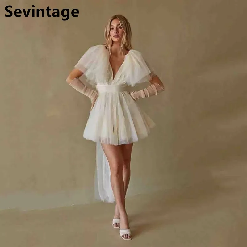 Sevintage lvory Tulle Mini Wedding Dress Women Deep V Neck Bride Party Dress With Gloves Simple A-line Bridal Gowns 2024