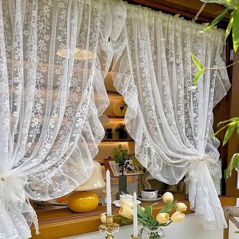 French Rococo Lace Farmhouse Curtain, Double Layer Sheer Vintage Curtains, No Drill Bedroom Window Drapes, Minimalist Style
