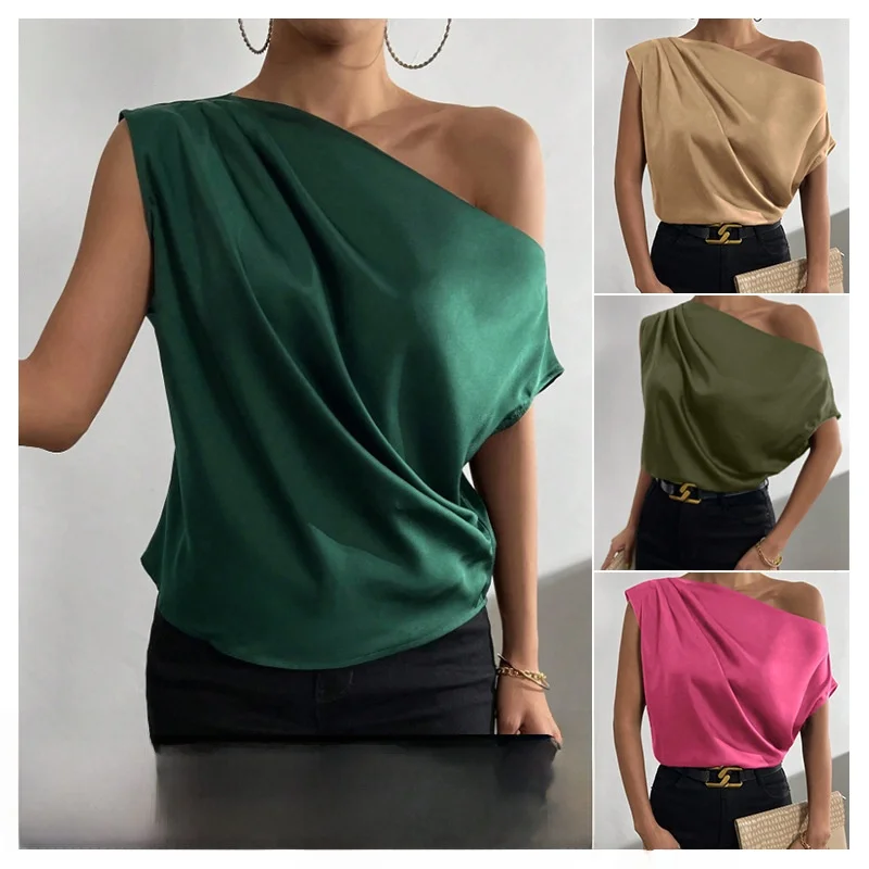 

Satin Silk Blend Svel irt Irregular oulder One oulder Design Loose Fit Pure Color Summer 2025 Women's Faion