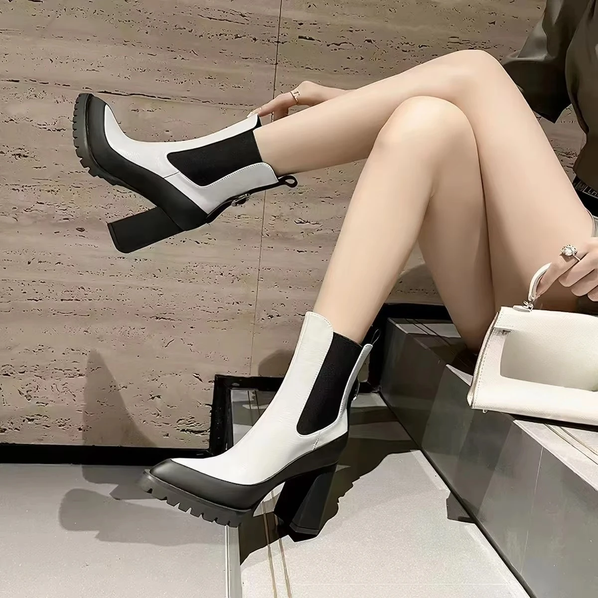 Women's Super High Heel Booties New Autumn and Winter Fashion Contrast Color Design Platform Block Heel Leather Shoes