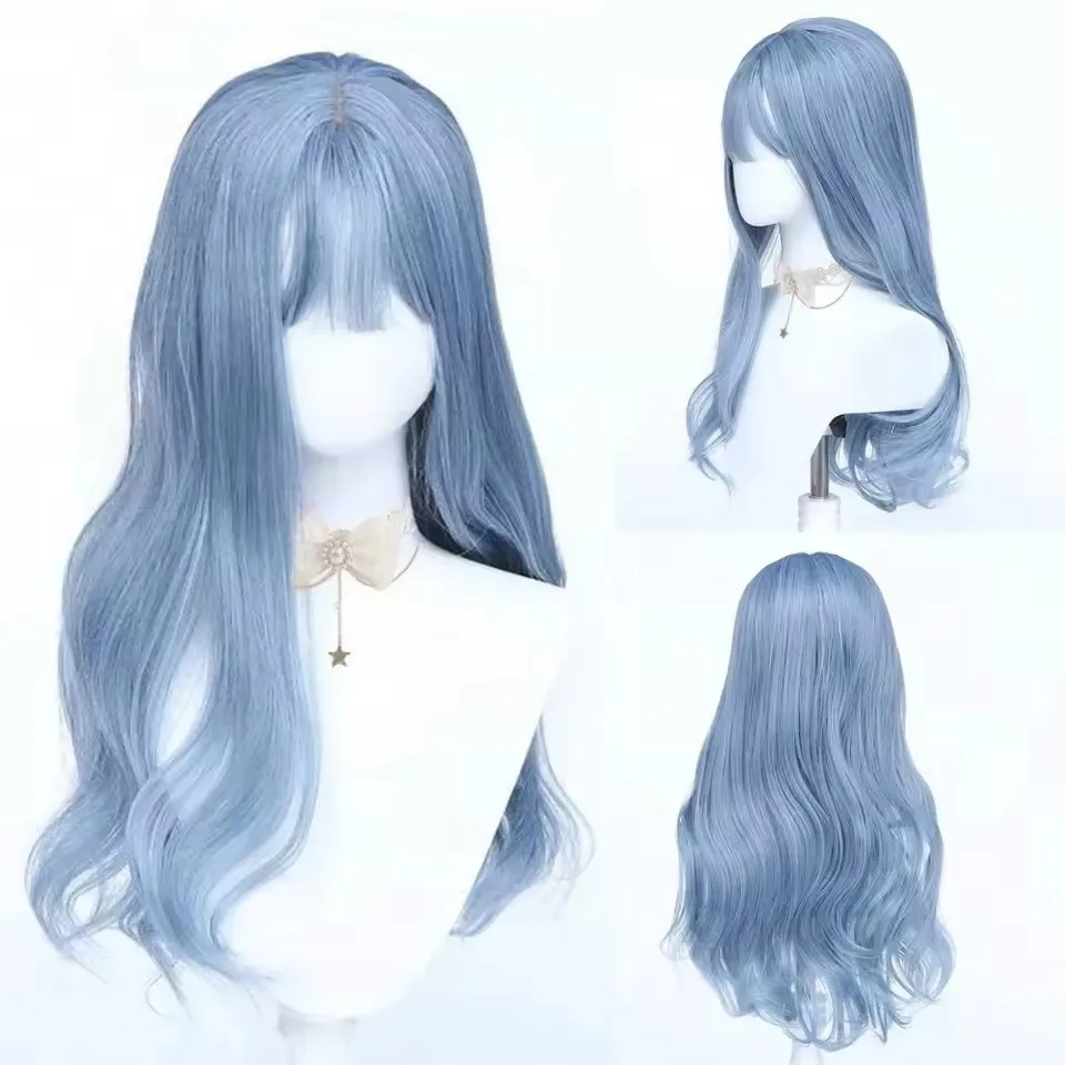 

Long Wavy Cosplay Synthetic Wigs Blue With Bangs for Women Cos Party Lolita Wig