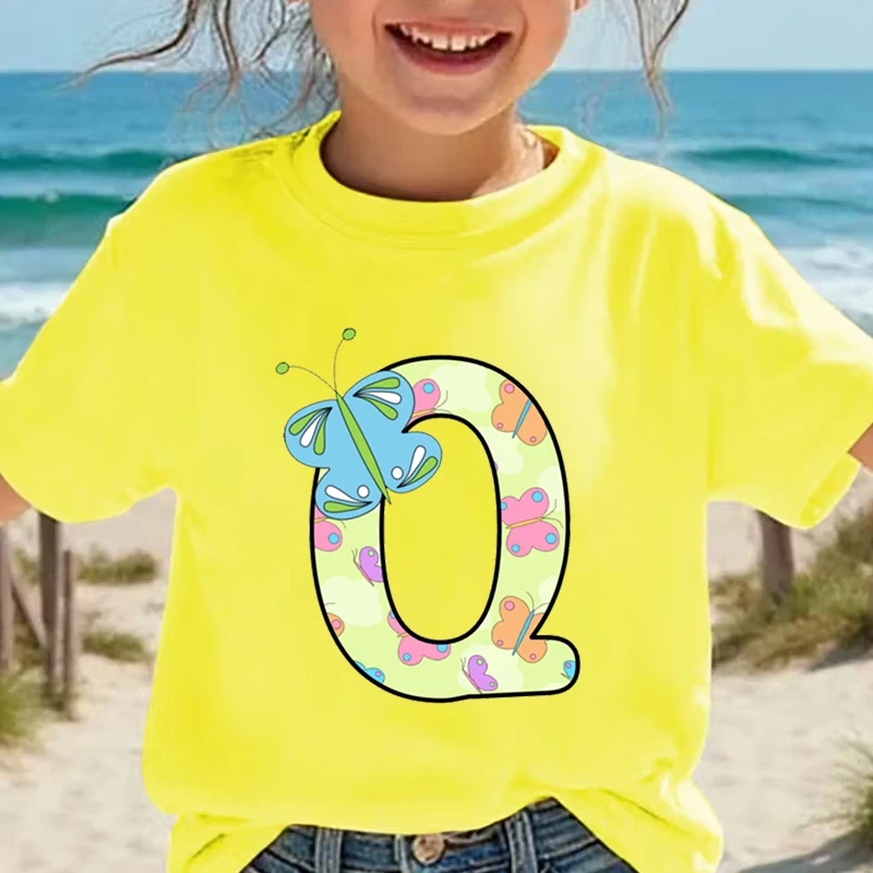 26 Butterfly Alphabet Print Girls Tshirt Clothing Casual Funny T Shirt Letter A-Z Clothes Gift for Yong Girl Top Cotton Tee