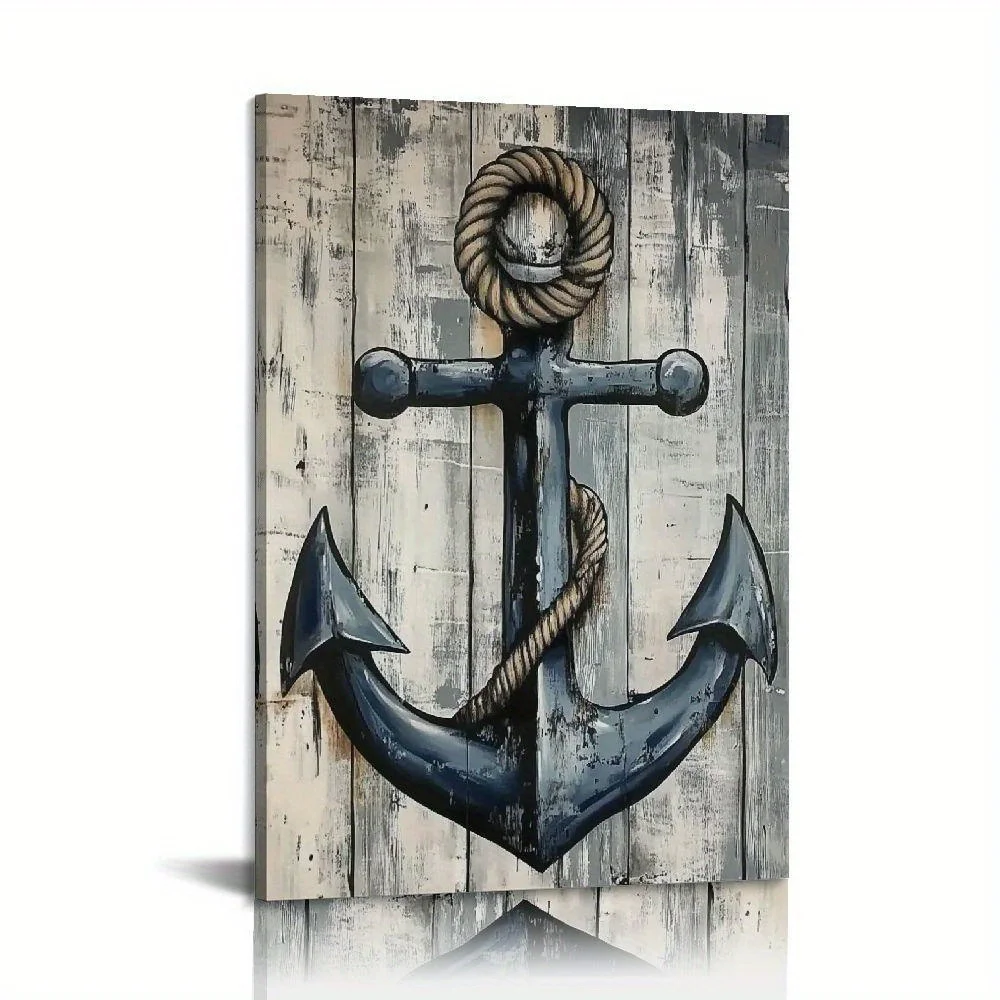 

Nautical Canvas Poster - Reusable Waterproof Wall Art with Lighthouse Anchor and Compass Pattern Living Room Hallway Decor Gift