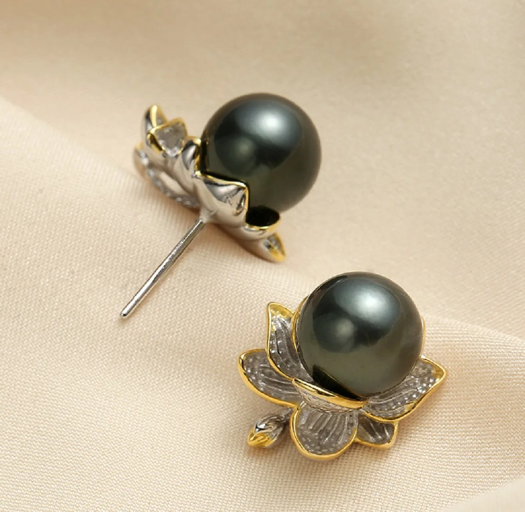 hot Huge AAAAA++++  9-10mm  natural Tahitian black green round Pearl  Earrings earring set 925