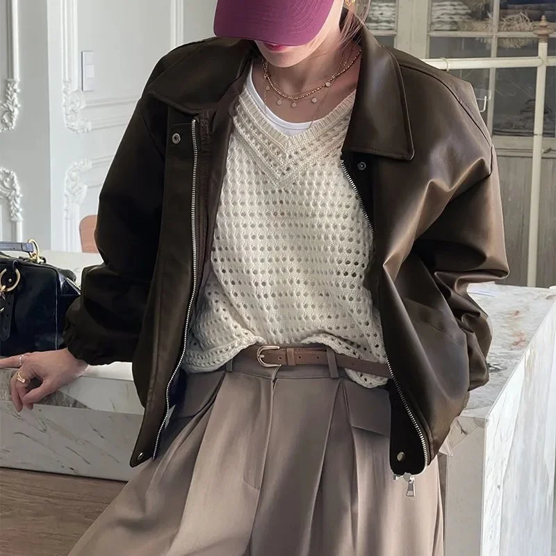 

Autumn Women Fashion Lapel Faux Leather Jacket Spring Female Long Sleeved Zipper Outwear Retro Ladies Loose PU Leather Tops Coat