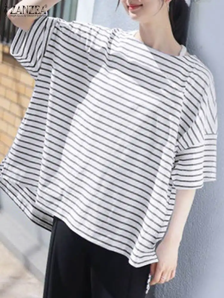 

ZANZEA 2024 Summer Women Tops Striped O Neck Casual Streetwear Blusas Korean Fashion Half Sleeve Oversize Loose T-Shirt Blouse