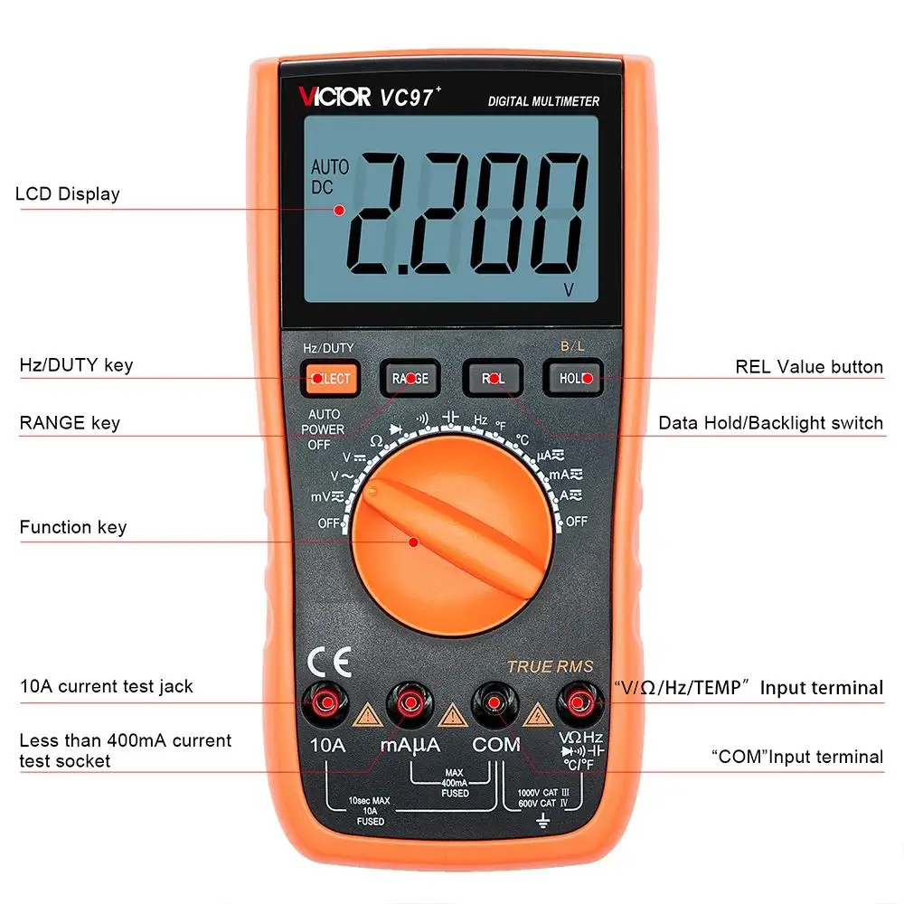 RuoShui 97+ Multimeter True RMS AC DC Voltmeter Ammeter Tester 1000V 20A Capacitance Frequency Resistance LED Digital Multimetro