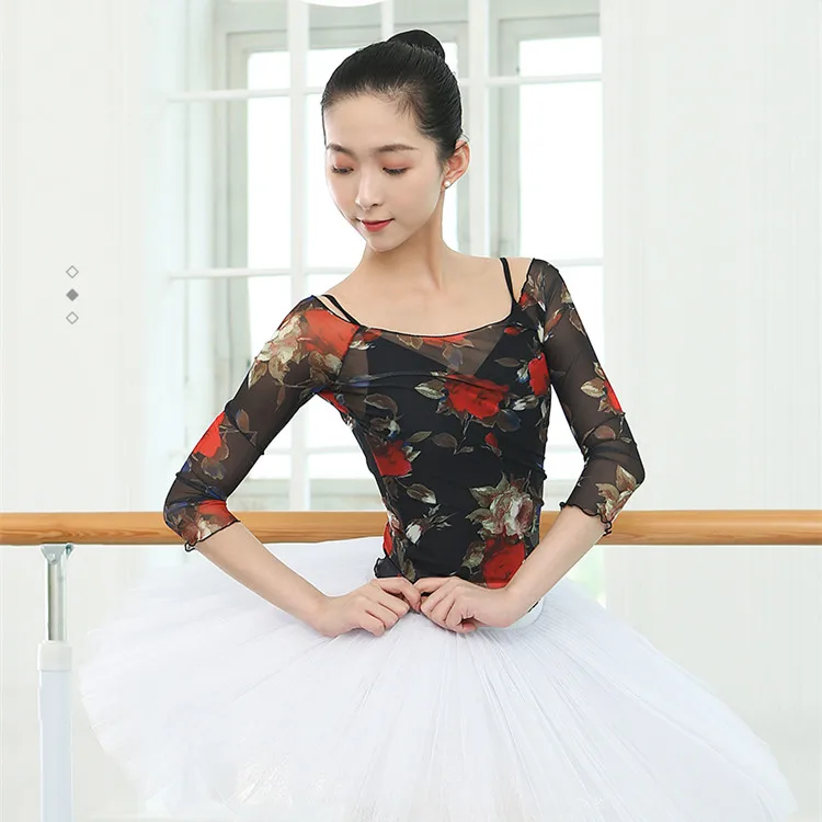 

Women Printed Mesh Top Adult Ballet Wrap Dance Training Tops Gymnastic Suit Figure Dress Lyrical Dancewear Crop Dancing Costumes