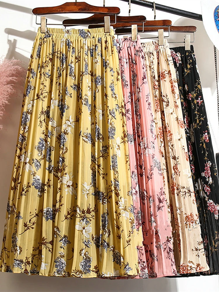 REALEFT High Waist Classic Floral Printed Women's Pleated Skirts 2022 New Spring Summer Chiffon Female Mi-long Chic Skirt Saia