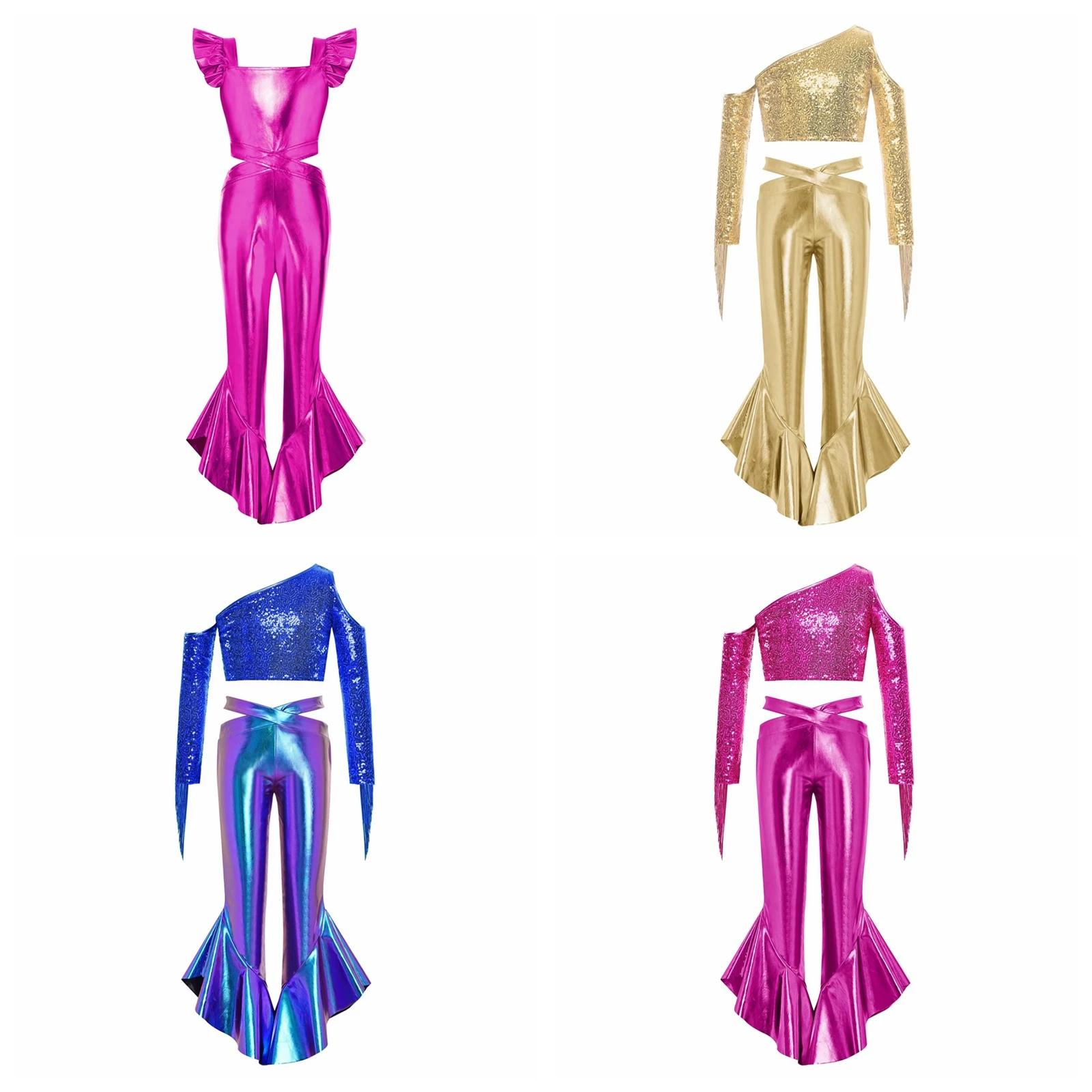 

Kids Streetwear Party Costume Birthday Outfits Girls Shiny Sparkly Romper Flares Children Metallic Flared Jumpsuit Disco Outfit