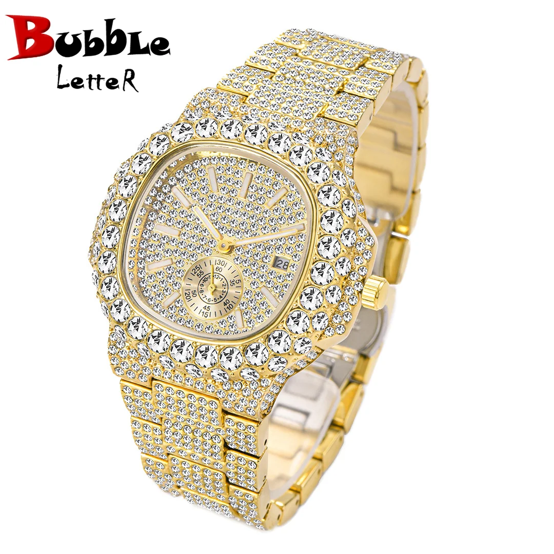 ЧАСЫ Bubble Letter VVS FULL ICE DATE SPECIAL MINUTE HAND Man ICED OUT Relogio Masculio