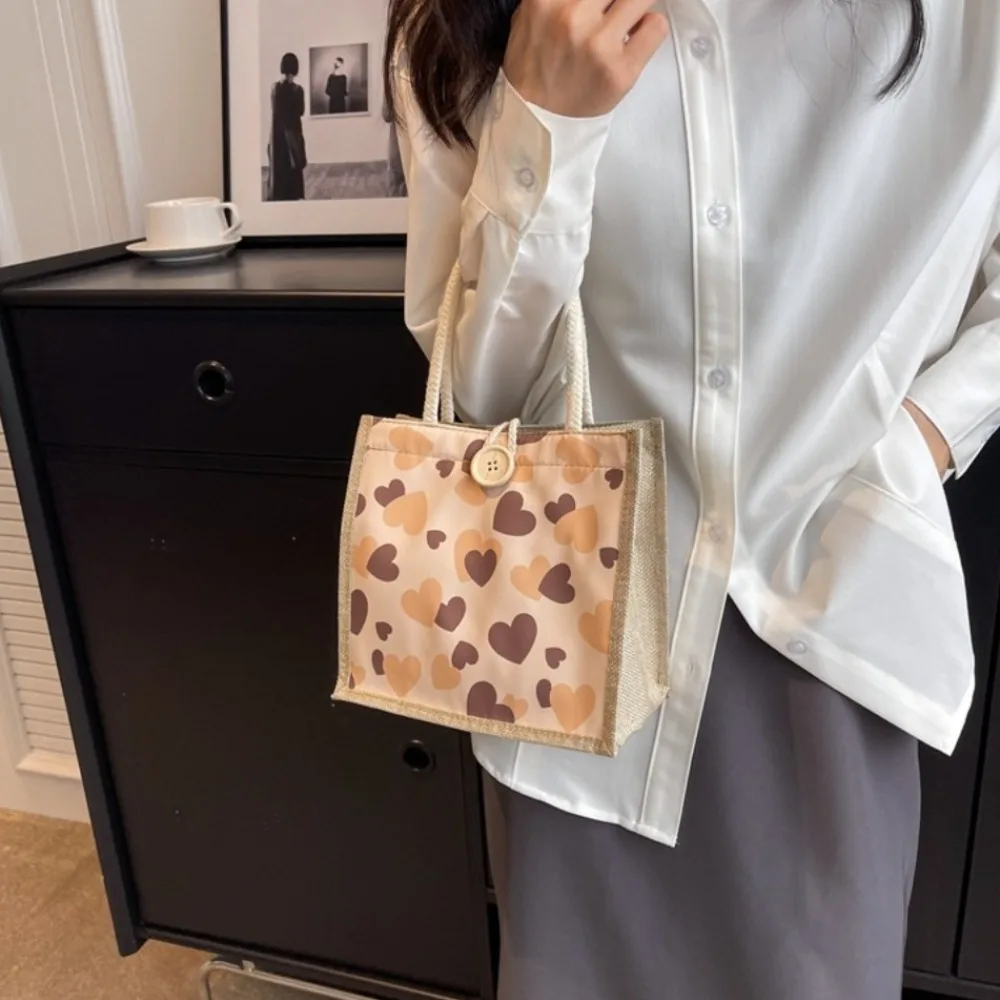 Storage Bag Zipper Flower Linen Bag Large Capacity Button Love Heart Tote Bag Lunch Bag Gift Bag Linen Handbag Picnic