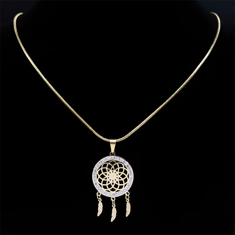 Sacred Geometry Flower Seed of Life Dream Catcher Necklace for Women Stainless Steel Feather Tassels Chain Jewelry N8230S01