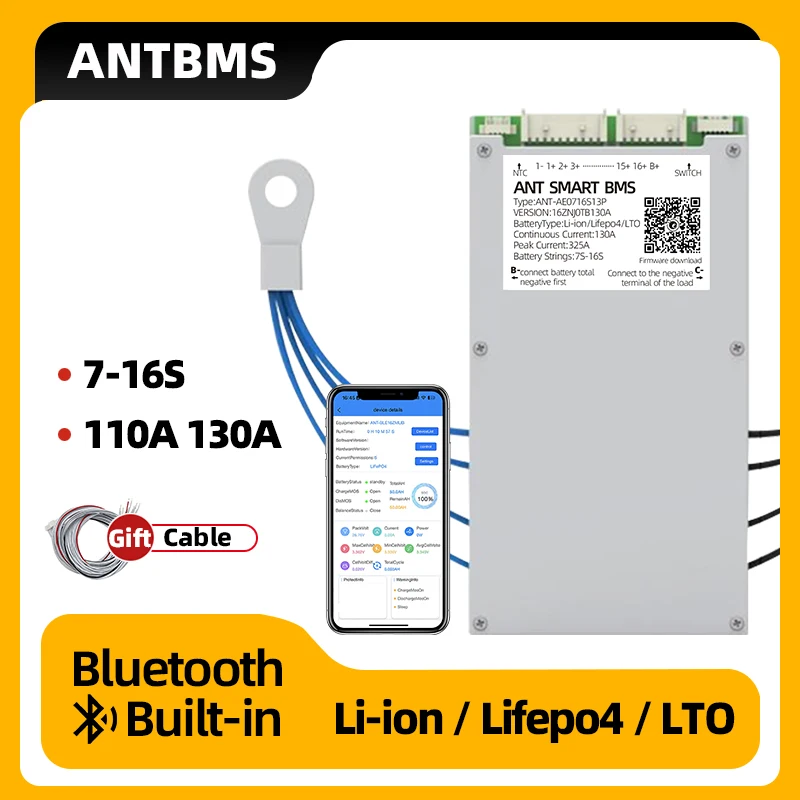 

ant bms 7S 8S 10S 12S 13S 14S 16S smart bms 110A 130A 325A Li-Ion LiFePo4 LTO 18650 Battery Ebike 24V 36V 48V 60V BT Built-in