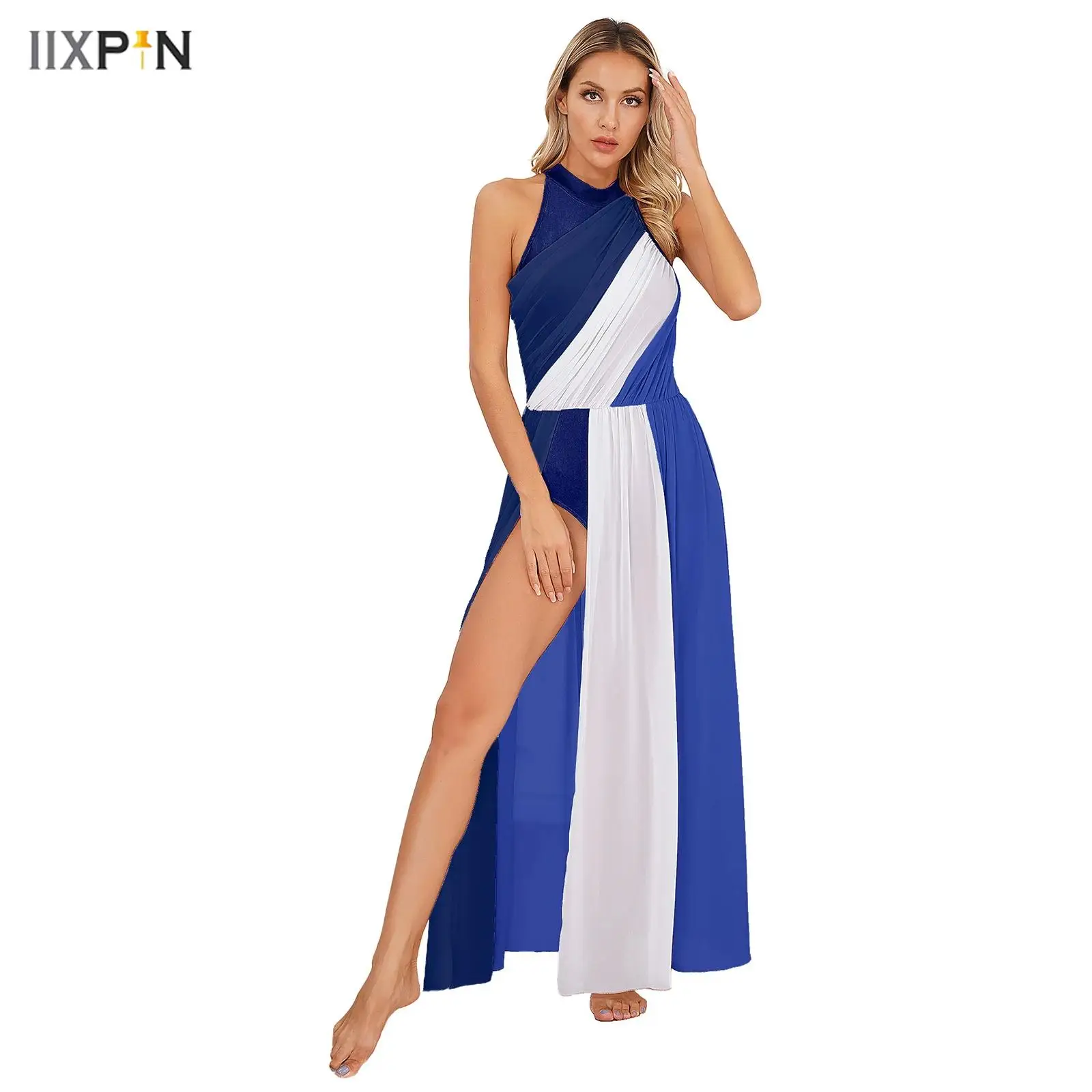 فستان رقص غنائي حديث للسيدات، زي أداء الباليه، كتلة الألوان، رقبة وهمية، فتحة خلفية، بدون أكمام، فساتين ماكسي سبليت