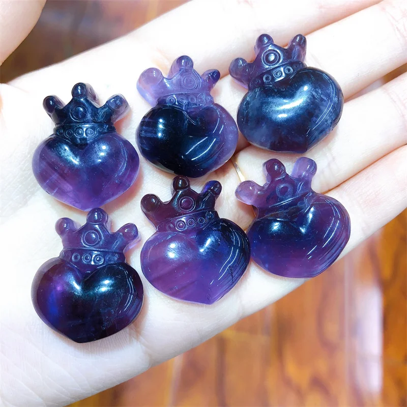 Natural Purple Fluorite Crown for Decoration, Heart Carving, Healing Crystal, Reiki Carved Stones, Gift, 5Pcs