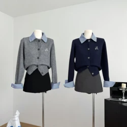 Styl preppy kardigan polo z dekoltem odzież damska w paski łączone fałszywe dwuczęściowe jesienno-zimowa szykowna odznaka luźne swetry z dzianiny