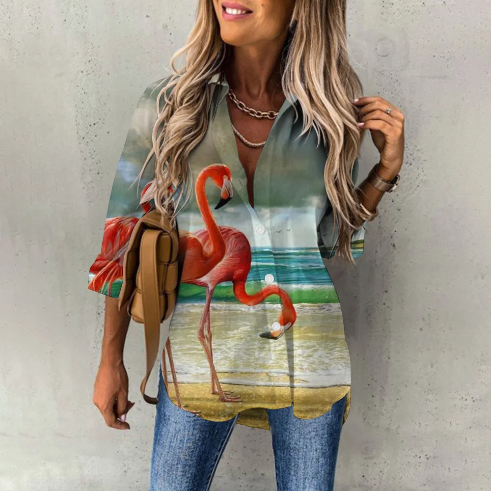 Camicie hawaiane da donna estive Hawaii Beach Print Fashion Resort Clothes colletto a Polo camicetta a maniche lunghe top primavera taglie forti