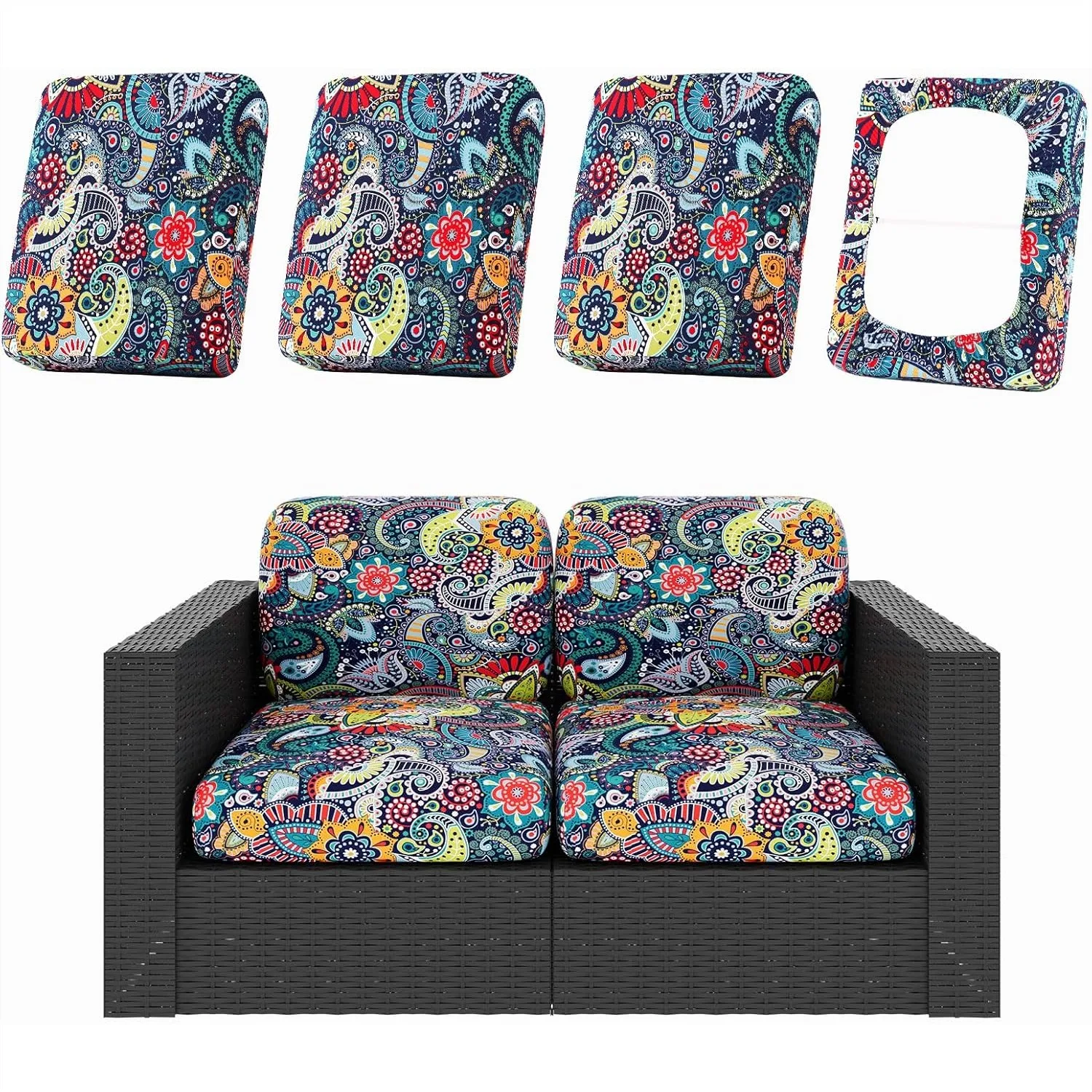 

4 Pcs Stretch Patio Cushion Covers Replacement, Washable Outdoor Couch Slipcovers for Sofa Chair Cushions with Elastic Bottom, Paisley Pattern Cover Only