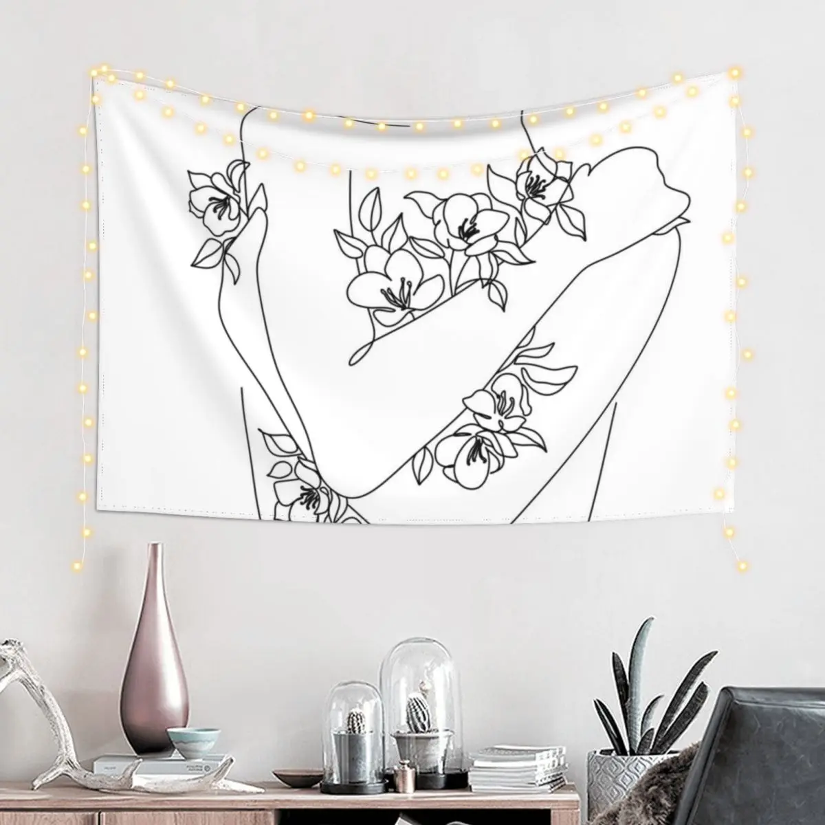 

Self love. woman hugs herself, flowers grow out Line Art Print. Woman With Flowers. Nude Line Art. Tapestry