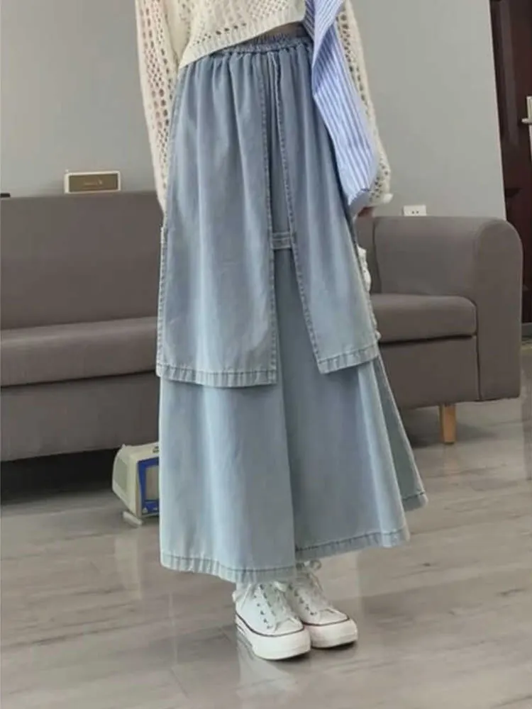 

Retro American Denim Wide Leg Pants Women Spring Autumn Casual Loose Fit Patchwork Long Trousers Fake Two-Piece Skirt