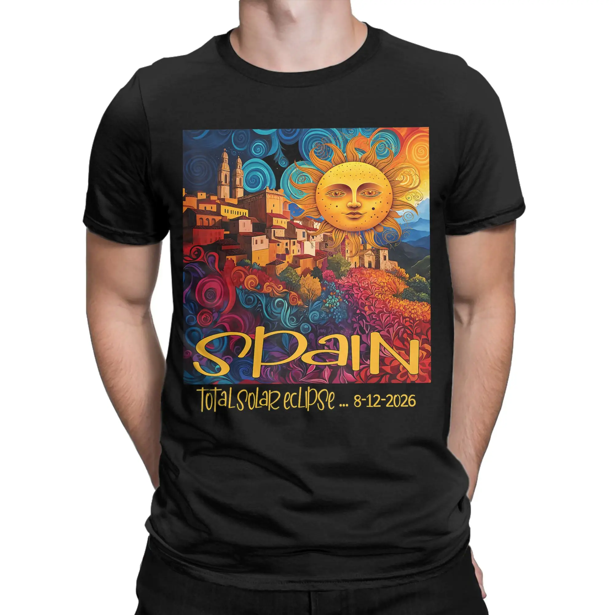 2026 Spain Total Solar Eclipse Cosmic T Shirt Men's 100% Cotton Novelty T-Shirts Round Neck Memorabilia Tees Short Sleeve Tops