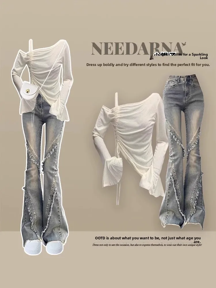 Spicy Girl Autumn Korean Style Slimming Bell Sleeve Top And Jeans Set Women's Fashion Slim Fit Long Sleeve round Neck Suit