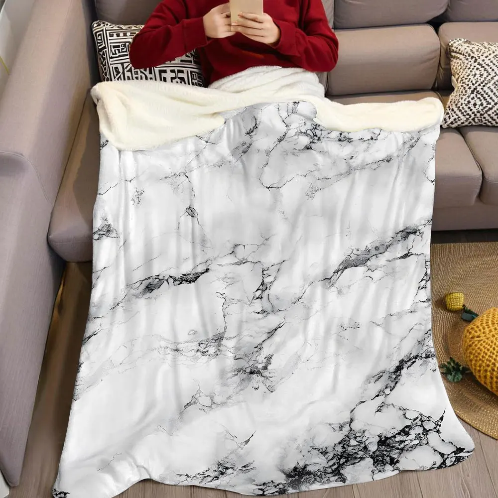 White Marble Texture Flannel Blanket Warm Soft Halloween Christmas Decorative Couch Warm Cozy All-Season Gift