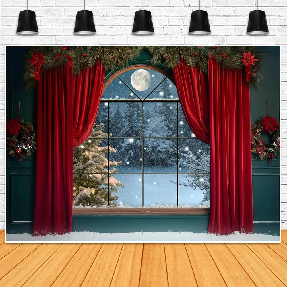 Mocsicka Christmas Backdrop Photography Window Snow Scene Red Curtain Wooden Wall and Floor Xmas Children Photo Background Props