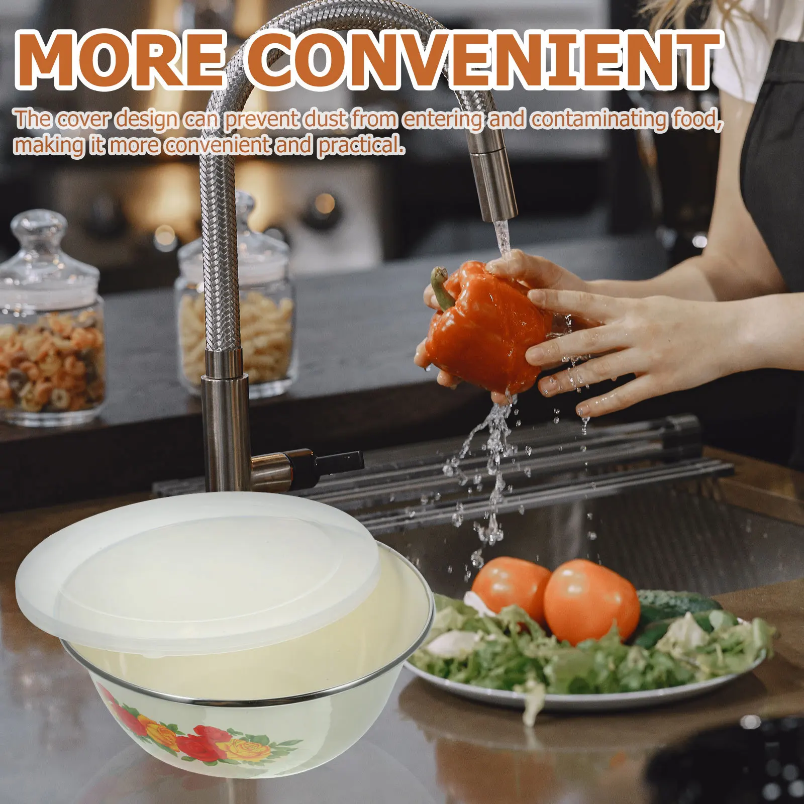 

Mixing Bowl Noodle Enamel Tableware Rice Salad Food Kitchen Soup Storage with Lid Iron