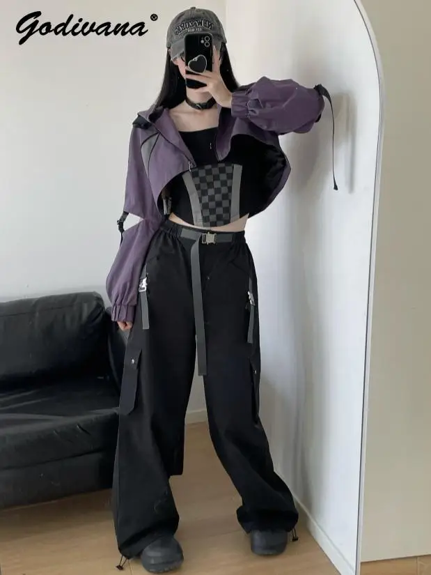 Functional Design Purple and Black Plaid Splicing Zipper Jacket Cargo Pants Autumn and Winter Sweet Cool Women\'s Trousers Set