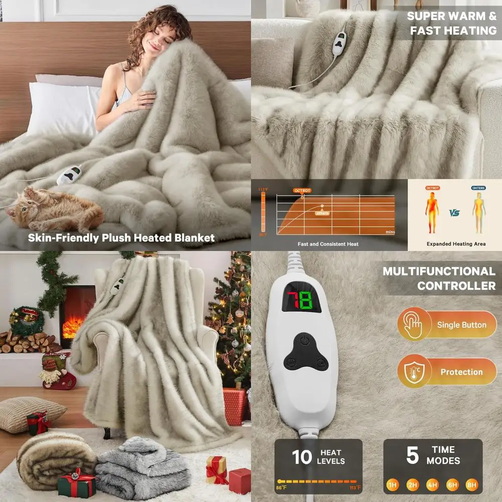 

Twin Size 60x80 Faux Fur Electric Blanket with 10 Heat Settings and 8-Hour Auto Shut-Off, Plush and Warm for Winter, Luxury Beig
