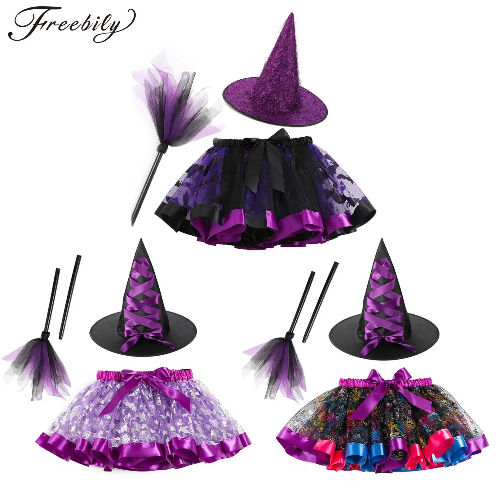 

Kids Girls Halloween Witch Costume Ruffled Mesh Tutu Skirt with Witch Hat Broom Set Carnival Cosplay Party Fancy Dress Up