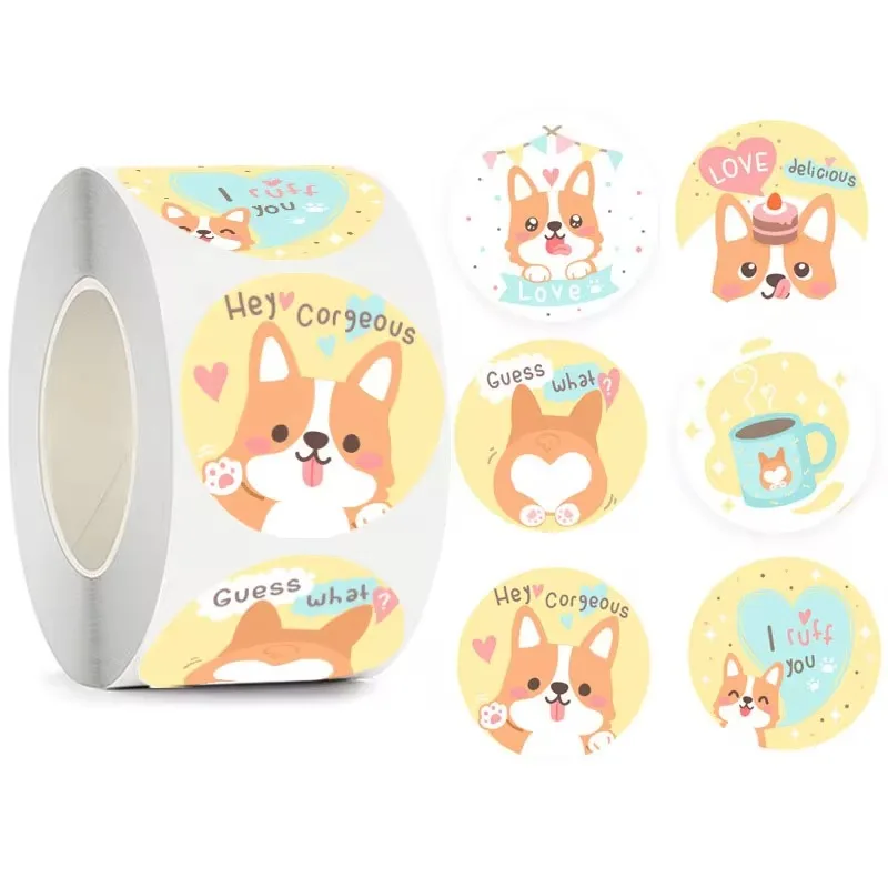 100-500PCS New Children's Stickers Packaging Corgi Cartoon Dog Fot Kids Home Made Merci Animal Kids Rolling Stickers Labels