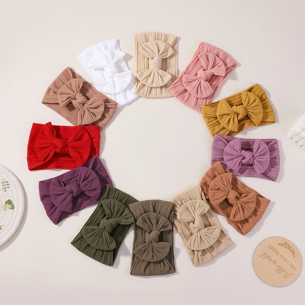 12pcs Baby Bows Headbands Set for Girls - Cable Knit Elastic Turban Hair Bands Soft Nylon Kids Headwear Hair Accessories