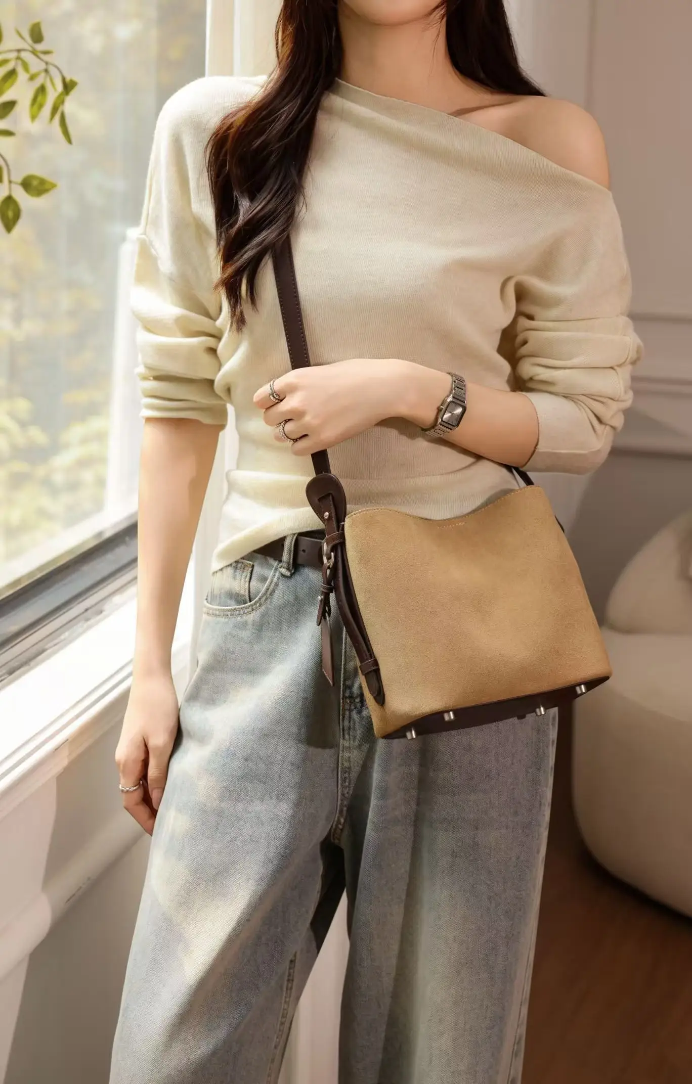 Women's Suede Cowhide Shoulder Crossbody Bucket Bag High Quality Luxury Designer Soft Leather Ladies Handbag Female Underarm Bag